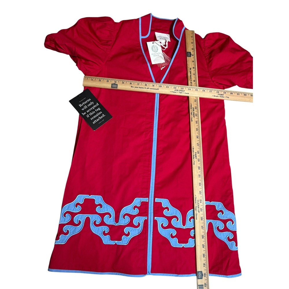Hyacinth House Red Blue Scroll Applique Puff Sleeve Mini Dress XS AY1369D NWT - Picture 7 of 10